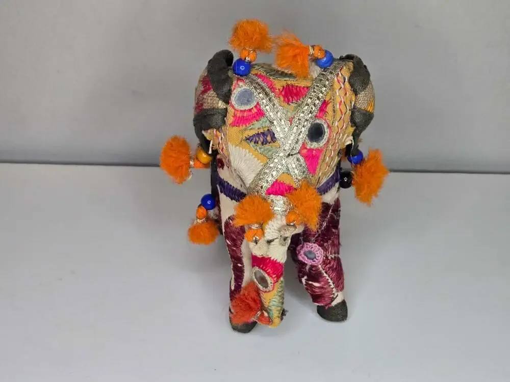 Vintage Handcrafted Indian Folk Art Patchwork Embroidered Beaded Elephant Figure